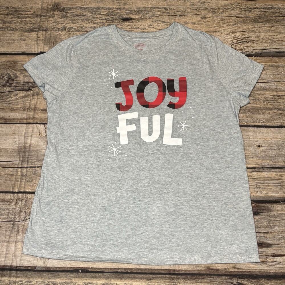 "Joyful” Christmas T Shirt Women’s Large Gray Plaid Comfy Holiday